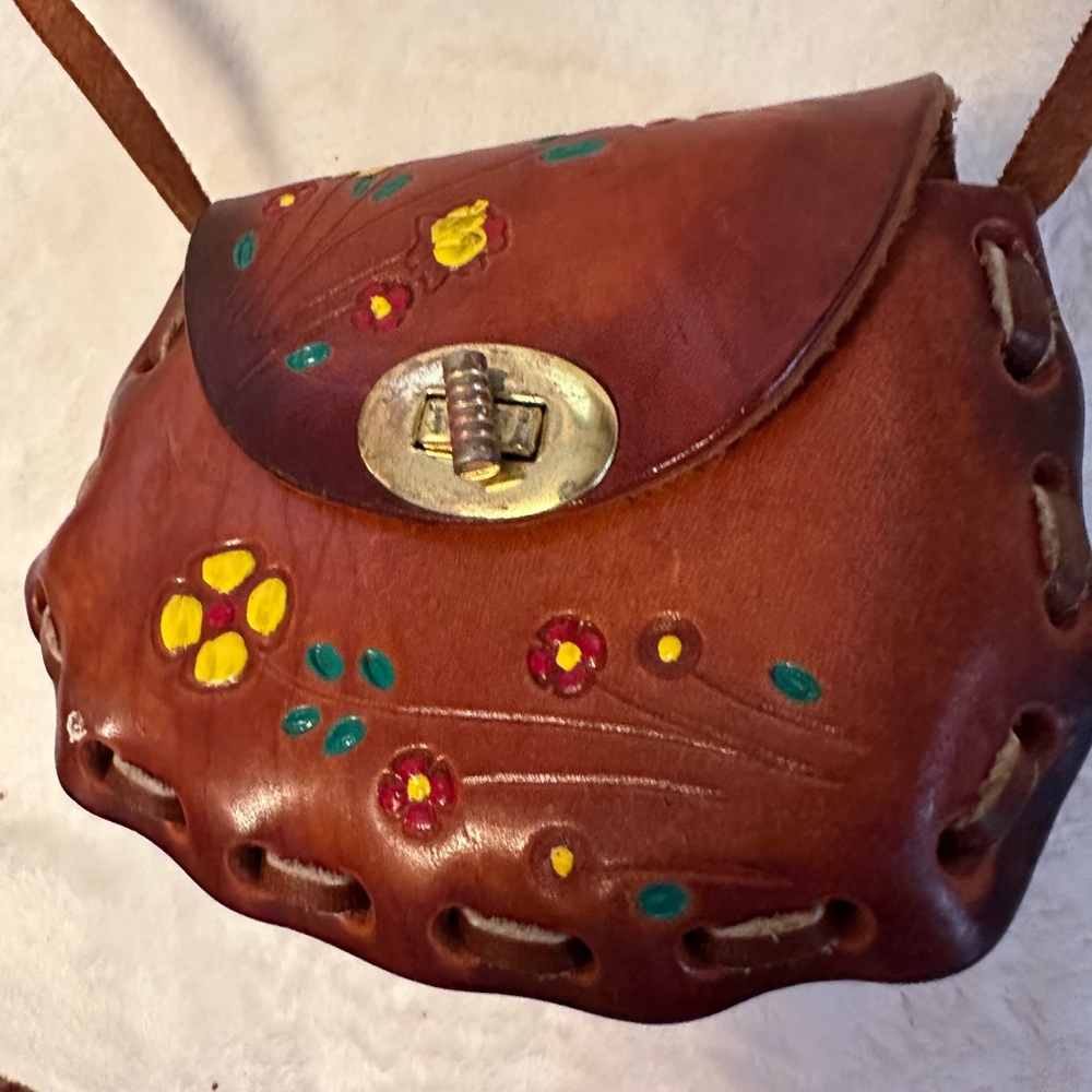 Handmade hand painted tooled leather mini purse